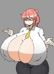 1girls alternate_breast_size black_pants blouse breast_expansion breasts_bigger_than_head cleavage female female_only glasses huge_breasts hyper_breasts inakotho kobayashi kobayashi-san_chi_no_maidragon miss_kobayashi's_dragon_maid nipple_bulge nipples_visible_through_clothing pants pink_hair ponytail short_hair tie white_blouse yellow_tie