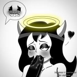 1boy 1girls alice_angel angel bendy bendy_and_the_ink_machine bendyxalice black_hair black_lips black_lipstick blowjob blush closed_eye demon fellatio female halo heart heart-shaped_pupils horns lipstick long_hair male oral oral_sex