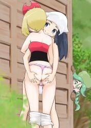 3girls akari_(pokemon) ass ass_grab being_watched female female_only groping irida_(pokemon) microsd_(artist) multiple_girls nintendo pokemon pokemon_legends:_arceus sabi_(pokemon) yuri