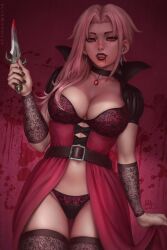 big_breasts blood chloe_(sciamano240) choker freckles halloween hi_res knife lace lace-trimmed_panties licking_lips looking_at_viewer mirco_cabbia oc original original_character pink_eyes pink_hair sciamano240 smile smiling smiling_at_viewer thighhighs vampire weapon wide_hips