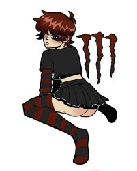 black_eyes black_eyeshadow black_lipstick blushing brown_hair bubble_butt crop_top femboy hands_on_floor looking_at_viewer looking_back male_only miniskirt monster_energy no_panties sitting_on_floor striped_thighhighs thighhighs turkey_tom twink youtube