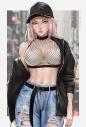 big_breasts chloe_(sciamano240) fishnet_topwear freckles hartman_hips hi_res jeans mirco_cabbia oc original original_character pink_eyes pink_hair ripped_clothing sciamano240 streetwear wide_hips