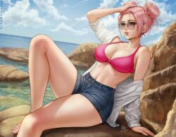 barefoot big_breasts chloe_(sciamano240) freckles hartman_hips hi_res jean_shorts looking_at_viewer mirco_cabbia oc original original_character pink_bikini pink_bikini_top pink_eyes pink_hair sciamano240 showing_tongue smile smiling smiling_at_viewer sunglasses tinted_eyewear tongue wide_hips