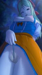 1girls absurdres apron bangs blonde_hair blue_dress blue_eyes blue_panties blurry blurry_background bow breasts breasts_out clothing commentary_request dragon_quest dragon_quest_xi dress dress_lift english_commentary fat_mons female female_pubic_hair forest from_below gemma_(dq11) greatm8 half-closed_eyes highres long_hair looking_at_viewer nature night nipples orange_apron orange_bow outdoors panties panty_lift parted_bangs parted_lips partially_visible_vulva photoshop_(medium) pubic_hair pussy pussy_juice small_breasts solo source_filmmaker tree underwear variant_set