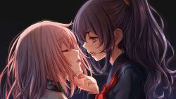 2girls black_background black_sailor_collar black_shirt blue_hair closed_eyes collared_shirt cum dead_end_aegis facial game_cg iizuka_minori imminent_kiss kisaragi_nana_(dead_aegis) long_hair multiple_girls neckerchief open_mouth pink_hair purple_eyes red_neckerchief sailor_collar sailor_shirt shiny shiny_hair shirt straight_hair ueda_metawo upper_body yuri