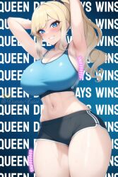 1girls ai_generated armpits arms_behind_head arms_up artist_self-insert belly big_breasts big_thighs blonde_hair blue_eyes breasts busty cleavage clothed clothed_female clothes clothing curvaceous curvy curvy_body curvy_female curvy_figure dominant dominant_female female female_focus female_only grin hips huge_breasts large_breasts large_thighs legs light-skinned_female light_skin long_hair looking_at_viewer midriff nai_diffusion navel queen_dee queen_dee_(character) shorts smile smiling smiling_at_viewer smirk smirking smug sniff solo solo_female solo_focus sports_bra stable_diffusion steam steaming_body stomach sweat sweaty text thick thick_thighs thighs voluptuous wide_hips