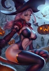 chloe_(sciamano240) freckles halloween halloween_costume hartman_hips hi_res looking_at_viewer mirco_cabbia oc original original_character pink_eyes pink_hair pumpkin sciamano240 smile smiling smiling_at_viewer wink winking winking_at_viewer witch witch_costume witch_hat