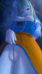 1girls absurdres apron bangs blonde_hair blue_dress blue_eyes blue_panties blurry blurry_background bow breasts breasts_out clothing commentary_request dragon_quest dragon_quest_xi dress dress_lift english_commentary fat_mons female forest frilled_dress frills from_below gemma_(dq11) greatm8 half-closed_eyes highres long_hair looking_at_viewer nature night nipples orange_apron orange_bow outdoors panties panty_lift parted_bangs parted_lips partially_visible_vulva photoshop_(medium) puffy_sleeves pussy pussy_juice red_scarf scarf short_sleeves small_breasts solo source_filmmaker tree underwear variant_set