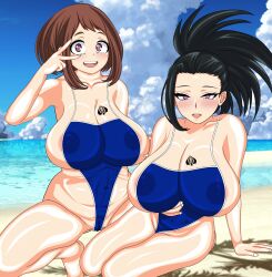 2girls absurdres beach female female_focus female_only heart-shaped_pupils highres large_breasts looking_at_viewer mevius9 momo_yaoyorozu multiple_girls my_hero_academia ochako_uraraka outdoors queen_of_spades swimsuit symbol-shaped_pupils tattoo v