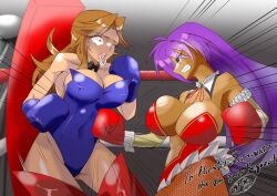 2girls big_breasts blue_boxing_gloves blue_eyes blue_gloves bodyshot boxing boxing_gloves boxing_match boxing_ring breasts britney_aruki brittney_aruki brown_hair bunnygirls bunnysuit catfight cleavage clenched_teeth crossover dark-skinned_female dark_skin drinkingchicken eyebrows_visible_through_hair eyes_visible_through_hair female female_only fight gloves gut_punch light-skinned_female light_skin long_hair mouthguard oc one_eye_closed open_mouth original original_character purple_hair red_boxing_gloves red_gloves shantae shantae_(character) smooth_skin wayforward