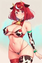 1girls ai_generated bikini cow_print cow_print_bikini female gen_678 latex light-skinned_female light_skin midjourney nijijourney nintendo pyra red_hair short_hair skindentation slim_waist thick_thighs thighhighs thighs wide_hips xenoblade_(series) xenoblade_chronicles_2