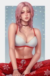 big_breasts chloe_(sciamano240) christmas clothed freckles fully_clothed hi_res hoop_earrings looking_at_viewer mirco_cabbia oc original original_character pink_eyes pink_hair sciamano240 seducing seductive_eyes seductive_look seductive_mouth smile smiling smiling_at_viewer