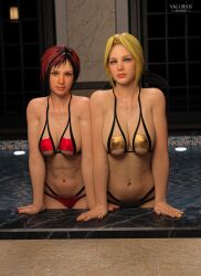 2girls 3d abs bikini black_hair blonde_hair blue_eyes dead_or_alive female female_focus female_only fit_female hazel_eyes helena_douglas huge_breasts large_breasts long_hair looking_at_viewer mila_(doa) multiple_girls pool red_hair short_hair valurios voluptuous