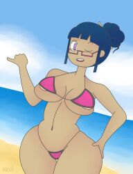 alternate_version_available beach big_breasts bikini blue_hair breasts digital_media_(artwork) female fnafhs fnafhs_z3ro glasses lily_(fnafhs) lobesnoalpha navel outside pink_bikini purple_eyes sea seaside solo thick_legs watermark