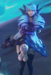 1futa 3d blue_hair bottomless clothed clothing erection futa_only futanari gwen_(league_of_legends) huge_cock intersex league_of_legends mostly_clothed seveuria solo standing tagme