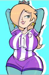 1girls alternate_costume alternate_version_available arms_behind_back big_breasts big_lips blonde_hair blue_eyes bottomwear breasts crown ear_piercing earrings female female_only football football_uniform hair hair_over_one_eye hands_behind_head headwear hips huge_breasts instantnudeles lips lipstick mario_(series) mario_strikers mature mature_female mature_woman naughty_face nintendo princess_rosalina solo solo_female thick_lips thick_thighs thighs wide_hips