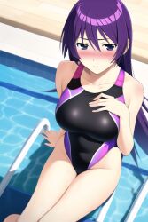 1girls ai_generated bakemonogatari black_swimsuit blush competition_swimsuit female hand_on_own_chest long_hair looking_at_viewer monogatari_(series) nai_diffusion pool poolside purple_hair senjougahara_hitagi sitting solo stable_diffusion swimsuit thighs