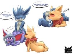 all_fours anthro ass balls being_watched bent_over blue_body blue_fur blush bodily_fluids breasts cum cum_in_mouth cum_inside dialogue fellatio female fennephilim_fox from_behind_position fur genital_fluids genitals group hand_on_butt hand_on_head league_of_legends leg_on_shoulder looking_at_another looking_pleasured male male/female male/male oral penetration penile penis riot_games rumble_(lol) sex simple_background sucking tan_body tan_fur teemo tongue tongue_out trio tristana video_games yordle