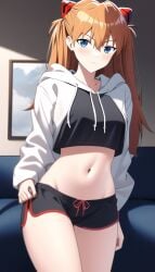 1girls ai_generated asuka_langley_sohryu black_shorts blue_eyes casual cowboy_shot crop_top crop_top_overhang cropped_hoodie dolphin_shorts female hoodie indoors living_room long_sleeves loungewear midriff nai_diffusion navel neon_genesis_evangelion orange_hair short_shorts shorts solo stable_diffusion thighs twintails