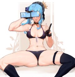 1girls athletic_female beret bikini black_panties blue_hair blue_nails choker crown female female_focus female_only gloves grey_headwear hat hololive hololive_gen_0 hololive_japan hoshimachi_suisei jewelry kollerss light_skin lipstick maiz-ken medium_hair navel only_female panties partially_fingerless_gloves pendant selfie shiny shiny_skin signature solo solo_female solo_focus spread_legs tongue tongue_out underwear virtual_youtuber