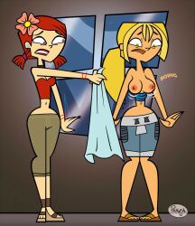 2girls accurate_art_style blonde_hair bridgette_(tdi) female female_only ilpanza indoors multiple_girls red_hair topless total_drama:_revenge_of_the_island total_drama_island zoey_(tdi)