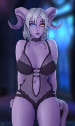 1girls blue_eyes blurry_background choker clenched_hand draenei heterochromia horns lingerie looking_at_viewer navel orange_eyes ottomarr purple_skin sitting solo tail white_hair world_of_warcraft