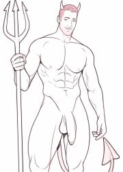 actor black_and_white celebrity drawnpr0n flaccid flaccid_penis horns in_character looking_at_viewer lucifer_(tv_series) lucifer_morningstar_(dc) male male_only muscles muscular muscular_male sketch tom_ellis uncolored uncut wip