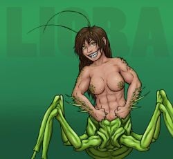 1girls abs brown_hair felarya grin insect_girl mantis_humanoid monster_girl nude scales sharp_teeth solo