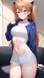 1girls ai_generated asuka_langley_sohryu blue_clothing blue_eyes blue_hoodie casual cowboy_shot crop_top cropped_hoodie dolphin_shorts female hoodie indoors living_room long_sleeves loungewear midriff nai_diffusion navel neon_genesis_evangelion open_clothes open_hoodie orange_hair short_shorts shorts solo stable_diffusion thighs twintails white_shorts