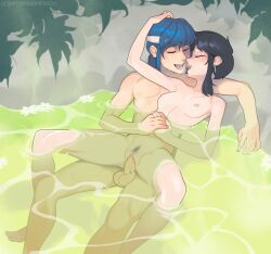 1boy 1girls bathing batterbee black_hair blue_hair blush breasts closed_eyes commission commissioner_upload couple cowgirl_position female female_pubic_hair fire_emblem fire_emblem:_genealogy_of_the_holy_war french_kiss highres holding_hands hug kissing larcei_(fire_emblem) male male_and_female_focus mixed_bathing navel nintendo nipples nude onsen outdoors partially_submerged penis pubic_hair pussy saliva saliva_trail seliph_(fire_emblem) sex short_hair small_breasts spread_legs steam straight testicles uncensored vaginal_penetration water wholesome