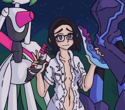 black_hair blush blushing ceruledge cynosurge double_handjob female glasses gray_eyes handjob iron_valiant juliana_(pokemon) male paradox_pokemon peace_sign penis penis_grab penis_out pokémon_(species) pokemon pokemon_sv pokephilia shirt_open unusual_penis