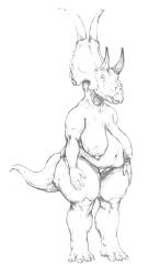 absurd_res anthro areola beak belly big_areola big_belly big_breasts breasts dinosaur female full-length_portrait genitals hi_res humanoid_genitalia humanoid_pussy monochrome mouth_closed navel nipples nude overweight overweight_anthro overweight_female portrait pussy reptile sagging_breasts scalie simple_background solo standing traditional_media_(artwork) unsigned upai wide_hips