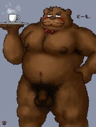 2022 anthro balls belly beverage bodily_fluids bow_tie brown_body brown_fur coffee flaccid fur genitals hi_res humanoid_genitalia humanoid_hands humanoid_penis kemono kumalino kumatin2 male mammal mature_male moobs navel nipples overweight overweight_male penis pubes roast_(kumalino) sanrio solo sweat ursid