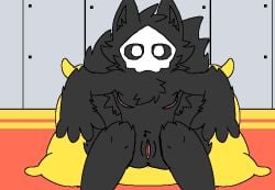 1cuntboy andromorph andromorph_only andromorph_puro beanbag black_fur careless casual changed_(video_game) cuntboy cuntboy_only dragontim edit edited edited_image edited_official_artwork fluffy fluffy_tail furry furry_only intersex legs_spread looking_at_viewer on_back on_pillow pillow pink_pussy pink_vagina puro_(changed) pussy skull_mask solo staring_at_viewer top_surgery_scars