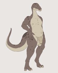 4:5 absurd_res anthro balls brown_body brown_eyes brown_tail dinosaur flaccid foreskin full-length_portrait genitals hi_res humanoid_genitalia humanoid_penis male mouth_closed nipples nude penis portrait reptile scalie simple_background solo standing tan_balls tan_nipples tan_penis tan_tail uncircumcised unsigned upai