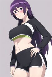 1girls ai_generated bakemonogatari black_clothing black_shorts crop_top crop_top_overhang dolphin_shorts female long_hair long_sleeves looking_at_viewer monogatari_(series) nai_diffusion purple_hair senjougahara_hitagi shorts solo sportswear stable_diffusion