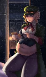 1girls big_belly blue_eyes bow_tie chub chubby cold fat fat_belly fat_fetish fatty female female_only food fork gina_lestrade gluttony hat kipteitei navel overweight overweight_female snow snowflake solo tagme the_great_ace_attorney weight_gain winter