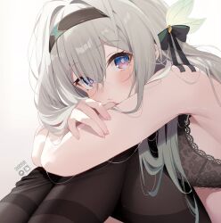 1girls black_bra black_lingerie black_pantyhose female firefly_(honkai:_star_rail) honkai:_star_rail hoyoverse knees_up lingerie lingerie_only lingerie_panties long_hair mihoyo multicolored_eyes multicolored_hair pantyhose sitting sitting_down