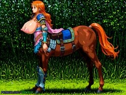 ai_generated breasts breasts_out centaur gigatsu nami_(one_piece) one_piece orange_hair pixel_art side_view