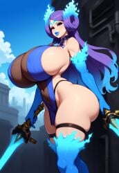 1girls adapted_costume ai_generated bare_shoulders bimbo bimbo_body bimbo_lips bimbofication bimbofied blue_hair breasts breasts_bigger_than_head brighid_(xenoblade) chest_jewel city cityscape covered_collarbone covered_navel dual_wielding elbow_gloves eyeshadow female from_side gigantic_breasts gradient_hair half-closed_eyes holding holding_object holding_sword holding_weapon huge_ass huge_breasts impossible_fit lipstick machine machinery massive_ass massive_breasts multicolored_hair novelai pelvic_curtain purple_eyes purple_hair seductive seductive_look seductive_smile see-through see-through_cleavage see-through_clothing sideless_outfit smile smirk solo solo_female steampunk sword tgm101_(artist) thick_lips thick_thighs thigh_strap thighhighs thin_waist thong walking wide_hips xenoblade_(series) xenoblade_chronicles_(series) xenoblade_chronicles_2