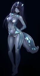 arms_behind_back barbariank bare_arms bare_legs bare_shoulders barefoot bikini black_background black_hair blue_skin breasts closed_mouth colored_skin criss-cross_halter dot_mouth female full_body grey_skin hair_over_one_eye halterneck horns leaning_to_the_side long_hair looking_at_viewer micro_bikini monster_girl moyo_(rimworld) multicolored_skin navel one_eye_covered original rimworld sea_slug_girl simple_background slug_girl solo string_bikini swimsuit tagme tail upscaled white_bikini