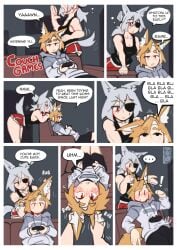 2023 absurd_res animal_ears animal_humanoid black_bottomwear black_clothing black_shirt black_tank_top black_text black_topwear blonde_eyebrows blonde_hair blush bottomwear bulge canid canid_humanoid canine canine_humanoid clothed clothed_female clothed_humanoid clothed_male clothing comic controller derpyfox_36 digital_drawing_(artwork) digital_media_(artwork) duo ear_rub ellipsis english_text eye_patch eye_scar eye_through_hair eyebrow_through_hair eyebrows eyewear facial_scar felix_(derpyfox_36) female female_humanoid fennec_humanoid fingers fox_humanoid furniture game_controller gaming grey_clothing grey_ears grey_hair grey_hoodie grey_tail grey_topwear hair hair_bun hi_res high-angle_view holding_controller holding_game_controller holding_object hoodie humanoid inner_ear_fluff inside interspecies leaning leaning_forward male male/female male_humanoid mammal mammal_humanoid motion_lines one_eye_obscured onomatopoeia playing_video_game red_bottomwear red_clothing red_eyes red_shorts running scar shirt shorts sofa sound_effects speech_bubble tail tank_top text topwear translucent translucent_hair tuft watermark white_inner_ear_fluff white_text wolf_humanoid yellow_ears yellow_tail yukio_(derpyfox_36)
