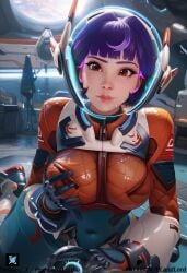 1boy 1girls :>= ai_generated ass big_ass big_breasts big_butt blizzard_entertainment breasts eye_contact eyelashes eyeshadow female freckles juno_(overwatch) kneeling light-skinned_female looking_at_viewer male overwatch overwatch_2 pale-skinned_female petite pornlandlord short_hair slim space spacesuit spiky_hair sweat