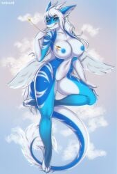 2_horns 4_toes 5_fingers anthro areola arrow_(weapon) back_wings big_breasts biped blue_areola blue_arms blue_claws blue_ears blue_legs blue_nipples blue_vulva breasts claws dragon feet female female_anthro finger_claws fingers genitals golden_arrow hair hi_res horn huge_breasts iris_(darkmaster781) long_hair mature_female mythological_creature mythological_scalie mythology nipples ranged_weapon scalie solo tail tail_tuft toe_claws toes tuft vulva weapon white_breasts white_feet white_hair white_hands white_horn white_inner_ear white_tail_tuft white_toes white_wings wings xensoi