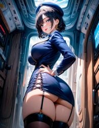 adorable ai_generated beret big_ass big_breasts black_hair blue_eyes blush breasts bubble_butt cathy_(starlightnex) curvy curvy_body curvy_female curvy_figure curvy_hips cute fat_ass garter_straps hand_on_hip hands_behind_back lace looking_back mature_female milf mommy obedience original original_character pale_skin red_lipstick rosy_cheeks short_hair slim_waist starlightnex stewardess stockings submissive submissive_female thick thick_hips thick_legs thick_lips thick_thighs tight_clothing tight_fit turning_head unicorn wide_hips