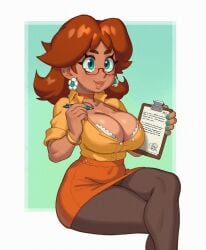 1girls 2023 bimbo blue_eyes breasts brown_hair cleavage clothing female female_only huge_breasts large_breasts light-skinned_female light_skin long_hair looking_at_viewer mario_(series) nintendo not_porn open_mouth orange_hair princess_daisy reindeer_costume rizdraws simple_background smile solo tagme white_background