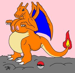 breasts charizard claws color female female_only fire joniknihti multiple_females multiple_girls nintendo nipples nude poke_ball pokemon pokemon_(species) side_view squatting tagme tail tail_fire wings