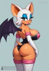 1girl 1girls ai_generated animal_ears animal_nose artist_name ass back bare_shoulders blue_eyes blush breasts cumsonics dark_skin elbow_gloves female from_behind furry furry_female gloves large_breasts leotard looking_at_viewer looking_back metadata_request model_request patreon_username rouge_the_bat sega shiny shiny_skin short_hair simple_background skindentation smile solo sonic_(series) sonic_the_hedgehog_(series) standing tail thick_thighs thighhighs thighs twitter_username watermark web_address white_gloves wings