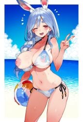 1girls ai_generated beach beach_ball bikini blue_hair braid hololive large_breasts long_hair nipples one_breast_out one_eye_closed open_mouth peace_sign pekomama rabbit_ears rabbit_girl red_eyes smile sweat thighs v virtual_youtuber water white_bikini white_hair wink