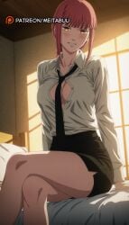 ai_generated bed black_necktie black_skirt blush braid braided_ponytail breasts chainsaw_man cleavage collarbone collared_shirt crossed_legs dress_shirt feet_out_of_frame female grin indoors large_breasts long_hair long_sleeves looking_at_viewer loose_necktiemakima_(chainsaw_man) makima_(chainsaw_man) medium_breasts meitabuu miniskirt necktie office_lady on_bed open_clothes open_shirt parted_lips partially_unbuttoned pencil_skirt red_hair ringed_eyes shirt shirt_tucked_in side_slit sidelocks sitting skirt smile solo sunlight thighs unbuttoned unbuttoned_shirt white_shirt window yellow_eyes